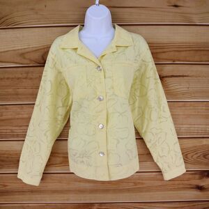 D & Co.‎ Denim & Company Button Up Shirt Womens Size L Yellow Plisse Long Sleeve